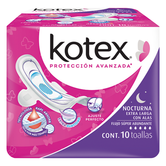 KOTEX NOCTURNA EXTRA LARGA CON ALAS CON 10 TOALLAS