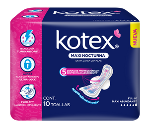 KOTEX MAXI NOCTURNA EXTRA LARGA CON ALAS CON 10 TOALLAS