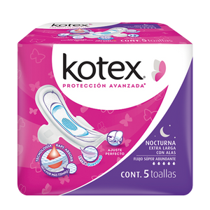 KOTEX NOCTURNA EXTRA LARGA CON ALAS CON 5 TOALLAS