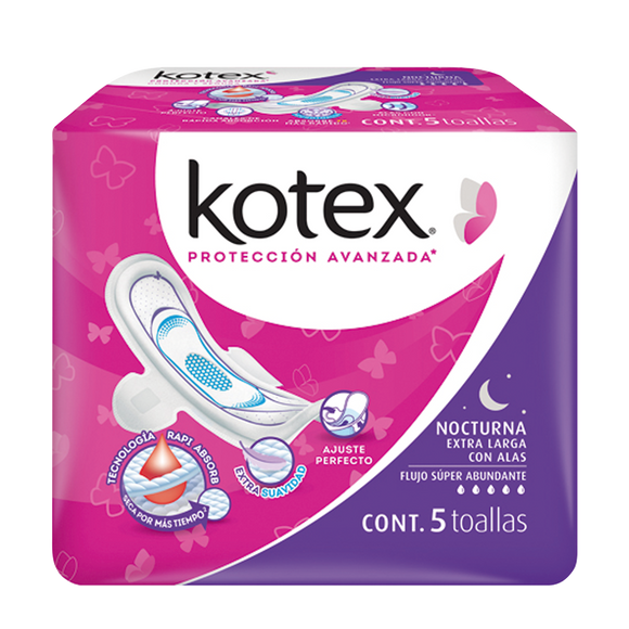 KOTEX NOCTURNA EXTRA LARGA CON ALAS CON 5 TOALLAS