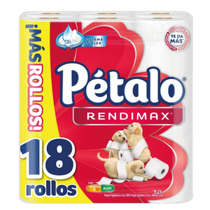 PAPEL HIGIÉNICO PÉTALO RENDIMAX CON 18 ROLLOS DE 280 HOJAS DOBLES C/U