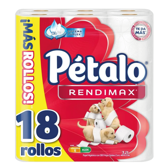 PAPEL HIGIÉNICO PÉTALO RENDIMAX CON 18 ROLLOS DE 280 HOJAS DOBLES C/U