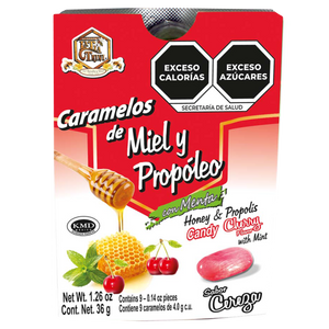 CARAMELOS DE MIEL Y PROPOLEO CON MENTA CEREZA EN BLISTER CON 9 PIEZAS