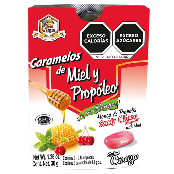 CARAMELOS DE MIEL Y PROPOLEO CON MENTA CEREZA EN BLISTER CON 9 PIEZAS